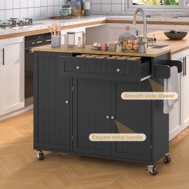 RuuBoo Kitchen Island With Drop Leaf, Island Table On Wheels With Storage Cabinet, Modern Sideboard Buffet With Doors, Spice Rack, Drawer, Towel Rack, Rolling Kitchen Island Cart For Dinning Room, Black