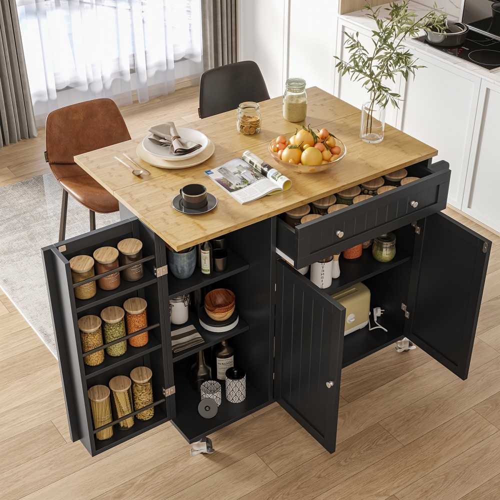 RuuBoo Kitchen Island With Drop Leaf, Island Table On Wheels With Storage Cabinet, Modern Sideboard Buffet With Doors, Spice Rack, Drawer, Towel Rack, Rolling Kitchen Island Cart For Dinning Room, Black