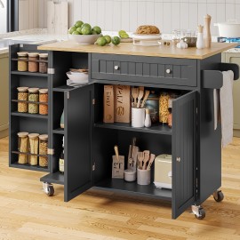 RuuBoo Kitchen Island With Drop Leaf, Island Table On Wheels With Storage Cabinet, Modern Sideboard Buffet With Doors, Spice Rack, Drawer, Towel Rack, Rolling Kitchen Island Cart For Dinning Room, Black