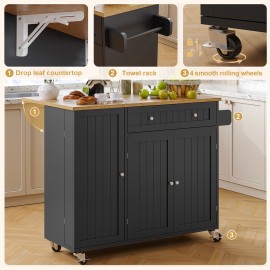 RuuBoo Kitchen Island With Drop Leaf, Island Table On Wheels With Storage Cabinet, Modern Sideboard Buffet With Doors, Spice Rack, Drawer, Towel Rack, Rolling Kitchen Island Cart For Dinning Room, Black