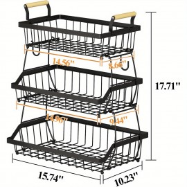 3 Tier Fruit Basket Bowl Farmhouse with Side hooks for Kitchen Countertop, Detachable Metal Bread Fruit Vegetable Storage Basket Stand Holder with Wooden Handle, Black