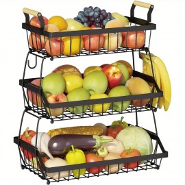 3 Tier Fruit Basket Bowl Farmhouse with Side hooks for Kitchen Countertop, Detachable Metal Bread Fruit Vegetable Storage Basket Stand Holder with Wooden Handle, Black