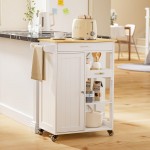 Kitchen Island With Single Door Cabinet And 3 Open Storage Shelves, Rolling Utility Kitchen Cart With Drawer, Cabinet, Towel Rack, Hooks, Mobile Storage Cart For Dining Room, Bar, White