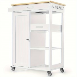 Kitchen Island With Single Door Cabinet And 3 Open Storage Shelves, Rolling Utility Kitchen Cart With Drawer, Cabinet, Towel Rack, Hooks, Mobile Storage Cart For Dining Room, Bar, White