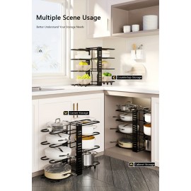 Pot Storage Rack With 8 Layers Of Pots, Bowls, And Pans Storage Box, Kitchen Cabinet Storage Metal Rack, Kitchen Pot And Bowl Organizer With 4 Hooks, Adjustable Pot Organizer For Cabinets, Pot Rack Organizer And Storage Cabinet Under Sink, Black