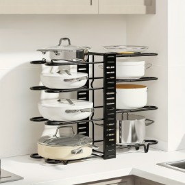 Pot Storage Rack With 8 Layers Of Pots, Bowls, And Pans Storage Box, Kitchen Cabinet Storage Metal Rack, Kitchen Pot And Bowl Organizer With 4 Hooks, Adjustable Pot Organizer For Cabinets, Pot Rack Organizer And Storage Cabinet Under Sink, Black