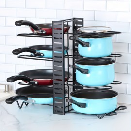 Pot Storage Rack With 8 Layers Of Pots, Bowls, And Pans Storage Box, Kitchen Cabinet Storage Metal Rack, Kitchen Pot And Bowl Organizer With 4 Hooks, Adjustable Pot Organizer For Cabinets, Pot Rack Organizer And Storage Cabinet Under Sink, Black