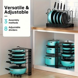 Pot Storage Rack With 8 Layers Of Pots, Bowls, And Pans Storage Box, Kitchen Cabinet Storage Metal Rack, Kitchen Pot And Bowl Organizer With 4 Hooks, Adjustable Pot Organizer For Cabinets, Pot Rack Organizer And Storage Cabinet Under Sink, Black