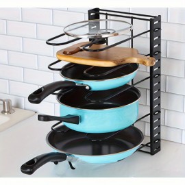 Pot Storage Rack With 8 Layers Of Pots, Bowls, And Pans Storage Box, Kitchen Cabinet Storage Metal Rack, Kitchen Pot And Bowl Organizer With 4 Hooks, Adjustable Pot Organizer For Cabinets, Pot Rack Organizer And Storage Cabinet Under Sink, Black