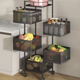 Rotating Storage Shelf with Wheels - Organizer for Fruits and Vegetables, Bathroom Shelf, Kitchen Organization and Storage, Mobile Utility Cart for Living Room - Ideal for Home (5 Tier, Black)