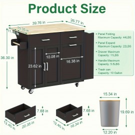 Rolling Kitchen Island with Storage, 2 Drawers, Kitchen Island with Drop Leaf, Kitchen Islands Carts W/ 3 Spice Rack Shelf, Tilt Out Cabinet, Pet Proof Trash Can, Black