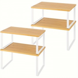 4-Pack Cabinet Storage Shelf Organizer Rack, Bamboo Kitchen Cabinet And Counter Shelf Organizer, Stackable & Expandable, Set Of 4, White And Natural