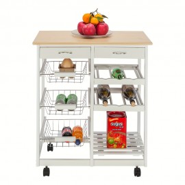 1pc, White Dining Cart, Moveable Kitchen Cart With Two Drawers & Two Wine Racks & Three Baskets White