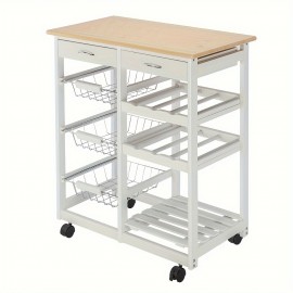 1pc, White Dining Cart, Moveable Kitchen Cart With Two Drawers & Two Wine Racks & Three Baskets White