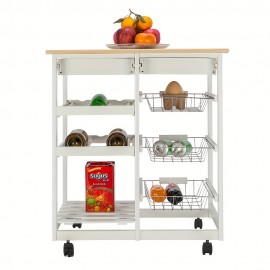 1pc, White Dining Cart, Moveable Kitchen Cart With Two Drawers & Two Wine Racks & Three Baskets White