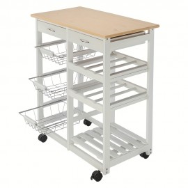 1pc, White Dining Cart, Moveable Kitchen Cart With Two Drawers & Two Wine Racks & Three Baskets White