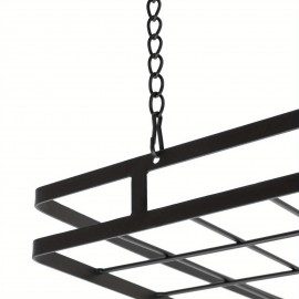 A contemporary kitchen ceiling rack with 12 hooks for hanging pots and pans, finished in black, designed for modern storage solutions.