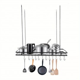 A contemporary kitchen ceiling rack with 12 hooks for hanging pots and pans, finished in black, designed for modern storage solutions.