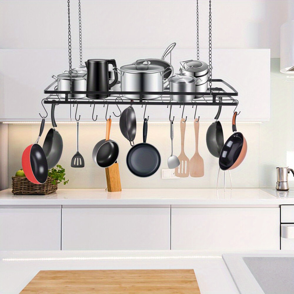 A contemporary kitchen ceiling rack with 12 hooks for hanging pots and pans, finished in black, designed for modern storage solutions.