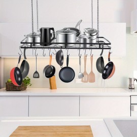 A contemporary kitchen ceiling rack with 12 hooks for hanging pots and pans, finished in black, designed for modern storage solutions.