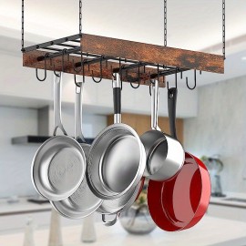 1pc Pot Hanging Rack, Kitchen Ceiling Pot Holder, Ceiling Mount Storage Rack, Hanging Pot Rack, Ceiling Mount 24x13x2.4 Inches, Ceiling Pot Rack With 12 Hooks, Pot Rack Made Of Wood And Iron - Black, Home Organization And Storage, Kitchen Accessories