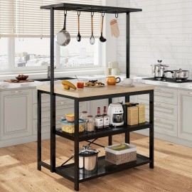 42'' Large Kitchen Island Bakers Rack Microwave Oven Stand Shelf with 3 Tier Storage, Metal Coffee Bar Table, Kitchen Storage for Dining Living Room, 5 Hooks, 43.7 * 27.9 * 72