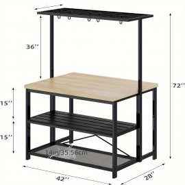 42'' Large Kitchen Island Bakers Rack Microwave Oven Stand Shelf with 3 Tier Storage, Metal Coffee Bar Table, Kitchen Storage for Dining Living Room, 5 Hooks, 43.7 * 27.9 * 72