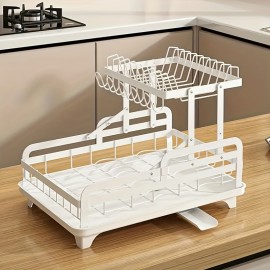 2-Tier Dish Rack, Double Layers Space-saving Dish Drying Rack With Drainboard And Utensil Holders, Multifunctional Large Capacity Dish Storage Organizer, For Kitchen Counter, Kitchen Organizers And Storage, Kitchen Accessories