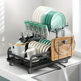 2-Tier Dish Rack, Double Layers Space-saving Dish Drying Rack With Drainboard And Utensil Holders, Multifunctional Large Capacity Dish Storage Organizer, For Kitchen Counter, Kitchen Organizers And Storage, Kitchen Accessories