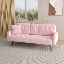 Super comfortable velvet sofa bed, nail head trim on arms, with two cup holders 72 inch pink velvet sofa for small spaces