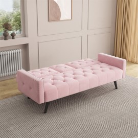 Super comfortable velvet sofa bed, nail head trim on arms, with two cup holders 72 inch pink velvet sofa for small spaces