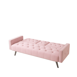 Super comfortable velvet sofa bed, nail head trim on arms, with two cup holders 72 inch pink velvet sofa for small spaces