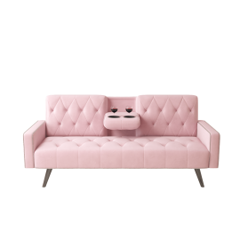 Super comfortable velvet sofa bed, nail head trim on arms, with two cup holders 72 inch pink velvet sofa for small spaces