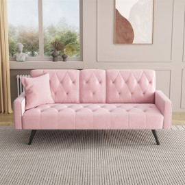 Super comfortable velvet sofa bed, nail head trim on arms, with two cup holders 72 inch pink velvet sofa for small spaces