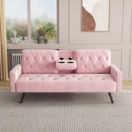 Super comfortable velvet sofa bed, nail head trim on arms, with two cup holders 72 inch pink velvet sofa for small spaces