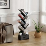 6-Tier Tree Bookshelf with Drawer Black Book Shelf Storage Rack Floor Standing Bookcase for CDs Movies Books Multifunctional Organizer Shelves for Home Office Living Room Bedroom