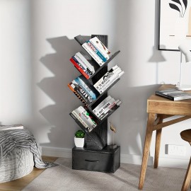 6-Tier Tree Bookshelf with Drawer Black Book Shelf Storage Rack Floor Standing Bookcase for CDs Movies Books Multifunctional Organizer Shelves for Home Office Living Room Bedroom