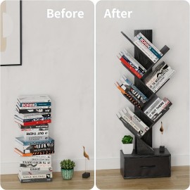 6-Tier Tree Bookshelf with Drawer Black Book Shelf Storage Rack Floor Standing Bookcase for CDs Movies Books Multifunctional Organizer Shelves for Home Office Living Room Bedroom