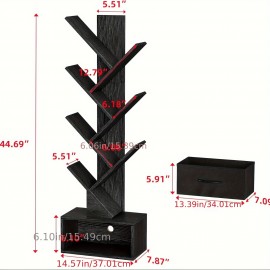 6-Tier Tree Bookshelf with Drawer Black Book Shelf Storage Rack Floor Standing Bookcase for CDs Movies Books Multifunctional Organizer Shelves for Home Office Living Room Bedroom