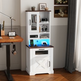 Farmhouse Storage Cabinet With Charging Station And LED Lights, 5-level Open Space, Living Room, Bedroom, Study, White