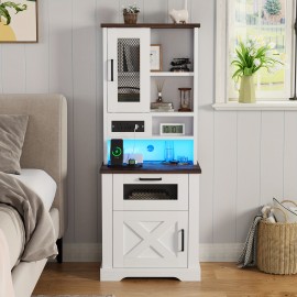 Farmhouse Storage Cabinet With Charging Station And LED Lights, 5-level Open Space, Living Room, Bedroom, Study, White