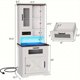 Farmhouse Storage Cabinet With Charging Station And LED Lights, 5-level Open Space, Living Room, Bedroom, Study, White