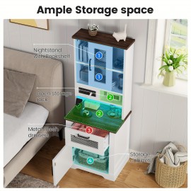 Farmhouse Storage Cabinet With Charging Station And LED Lights, 5-level Open Space, Living Room, Bedroom, Study, White