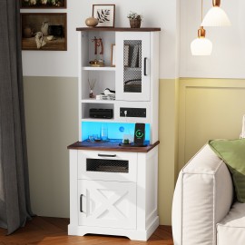 Farmhouse Storage Cabinet With Charging Station And LED Lights, 5-level Open Space, Living Room, Bedroom, Study, White