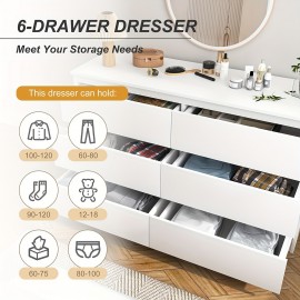 Modern Wooden Dresser With 6 Drawers, Large Storage Capacity, Wood Storage Cabinet, White Cabinet Organizer For Living Room, Bedroom, TV Room, Entryway, Lab