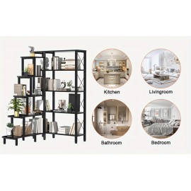 Corner Bookshelf Bookcase, Large Reversible 5 Tier Ladder Shelves Storage Display Rack With Metal Frame, Industrial Home Office Furniture For Living Room Bedroom, Black Christmas Halloween Gift