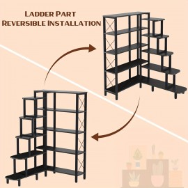 Corner Bookshelf Bookcase, Large Reversible 5 Tier Ladder Shelves Storage Display Rack With Metal Frame, Industrial Home Office Furniture For Living Room Bedroom, Black Christmas Halloween Gift