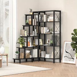 Corner Bookshelf Bookcase, Large Reversible 5 Tier Ladder Shelves Storage Display Rack With Metal Frame, Industrial Home Office Furniture For Living Room Bedroom, Black Christmas Halloween Gift