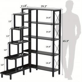 Corner Bookshelf Bookcase, Large Reversible 5 Tier Ladder Shelves Storage Display Rack With Metal Frame, Industrial Home Office Furniture For Living Room Bedroom, Black Christmas Halloween Gift