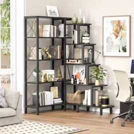 Corner Bookshelf Bookcase, Large Reversible 5 Tier Ladder Shelves Storage Display Rack With Metal Frame, Industrial Home Office Furniture For Living Room Bedroom, Black Christmas Halloween Gift